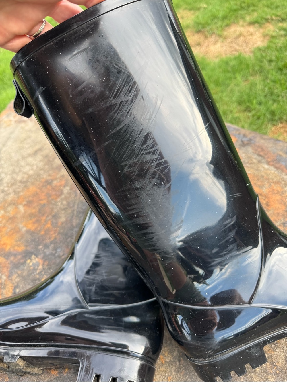 Nicole Miller New York Tall Rain Boots Black Glossy Rubber Lug Sole Sz 9M - Picture 10 of 13